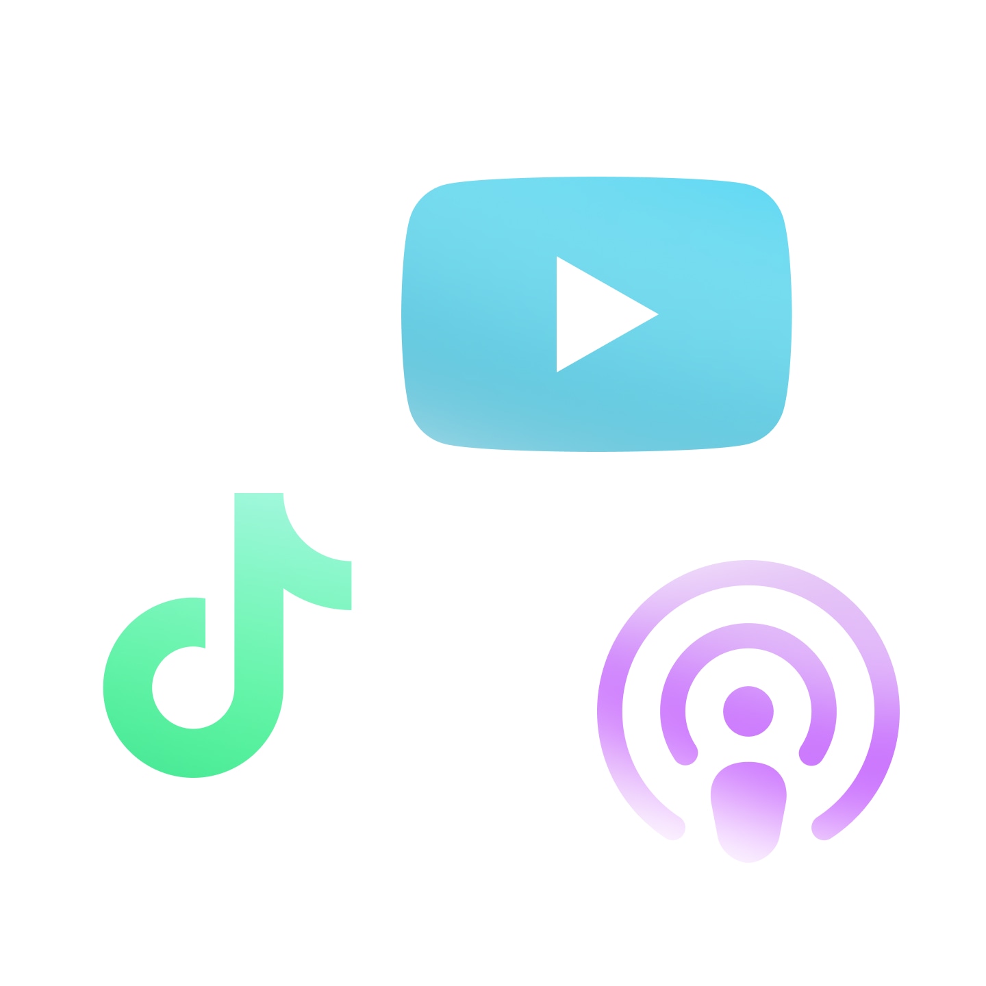 Icons of YouTube, TikTok, and a podcast.