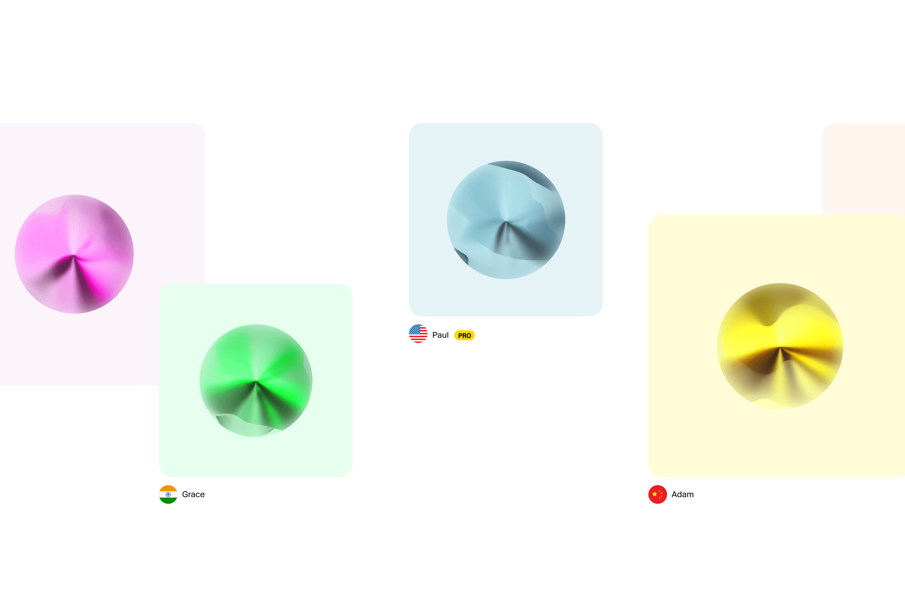 Abstract colorful spheres with a crumpled metallic appearance, each in a different pastel-colored square background.