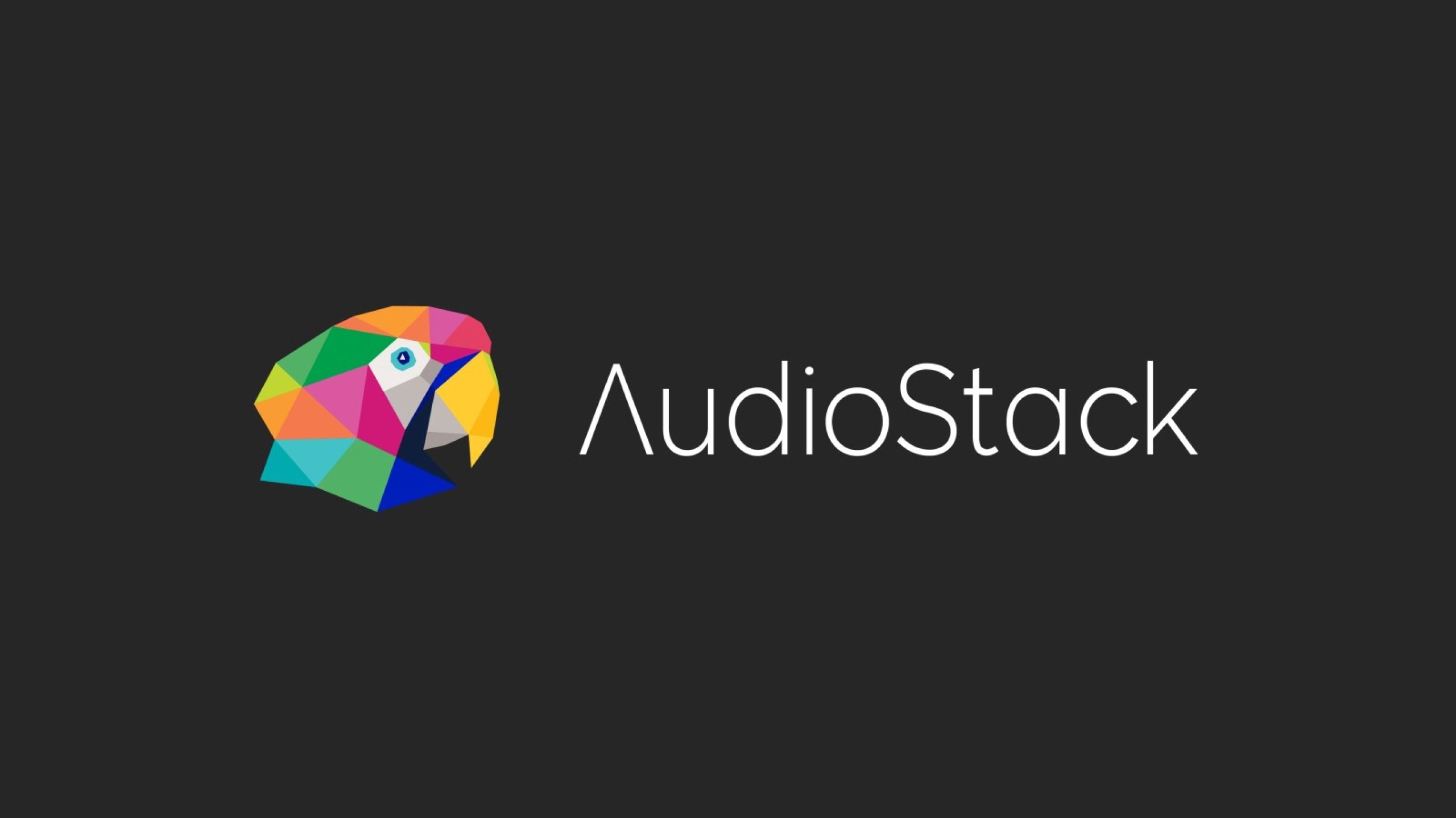 Colorful geometric eagle head logo with the text "AudioStack" on a dark background.