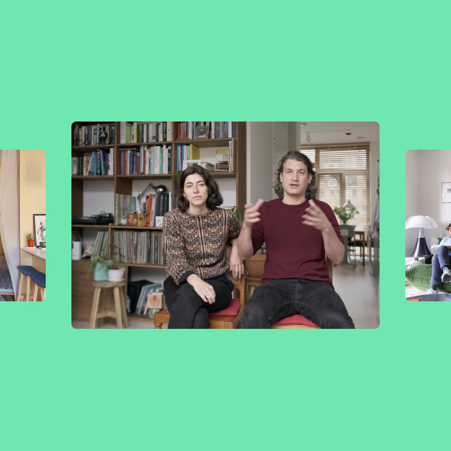 A man and woman sitting in a living room, engaged in conversation.