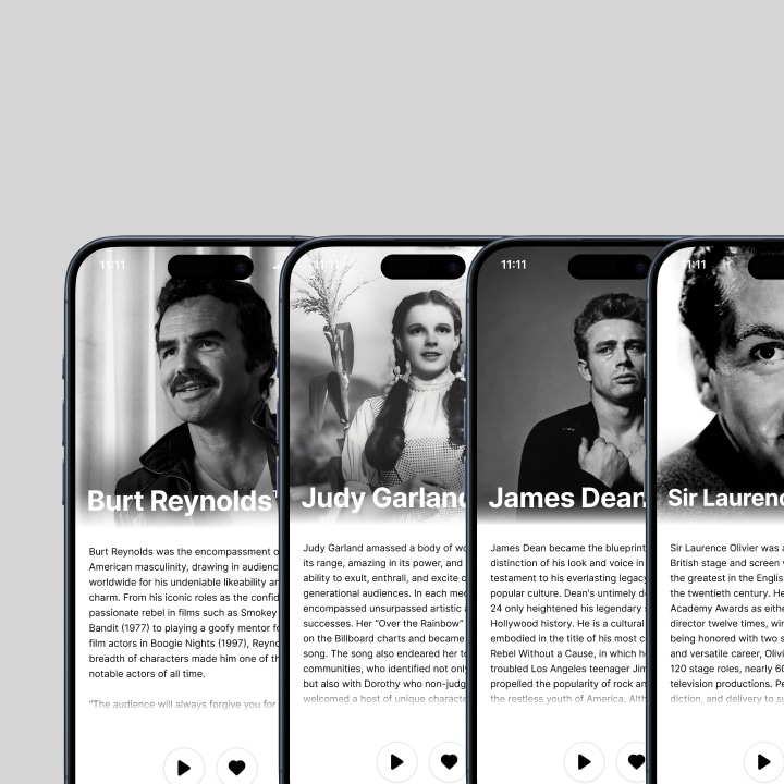 Three smartphones displaying black-and-white images and biographies of Burt Reynolds, Judy Garland, and James Dean.