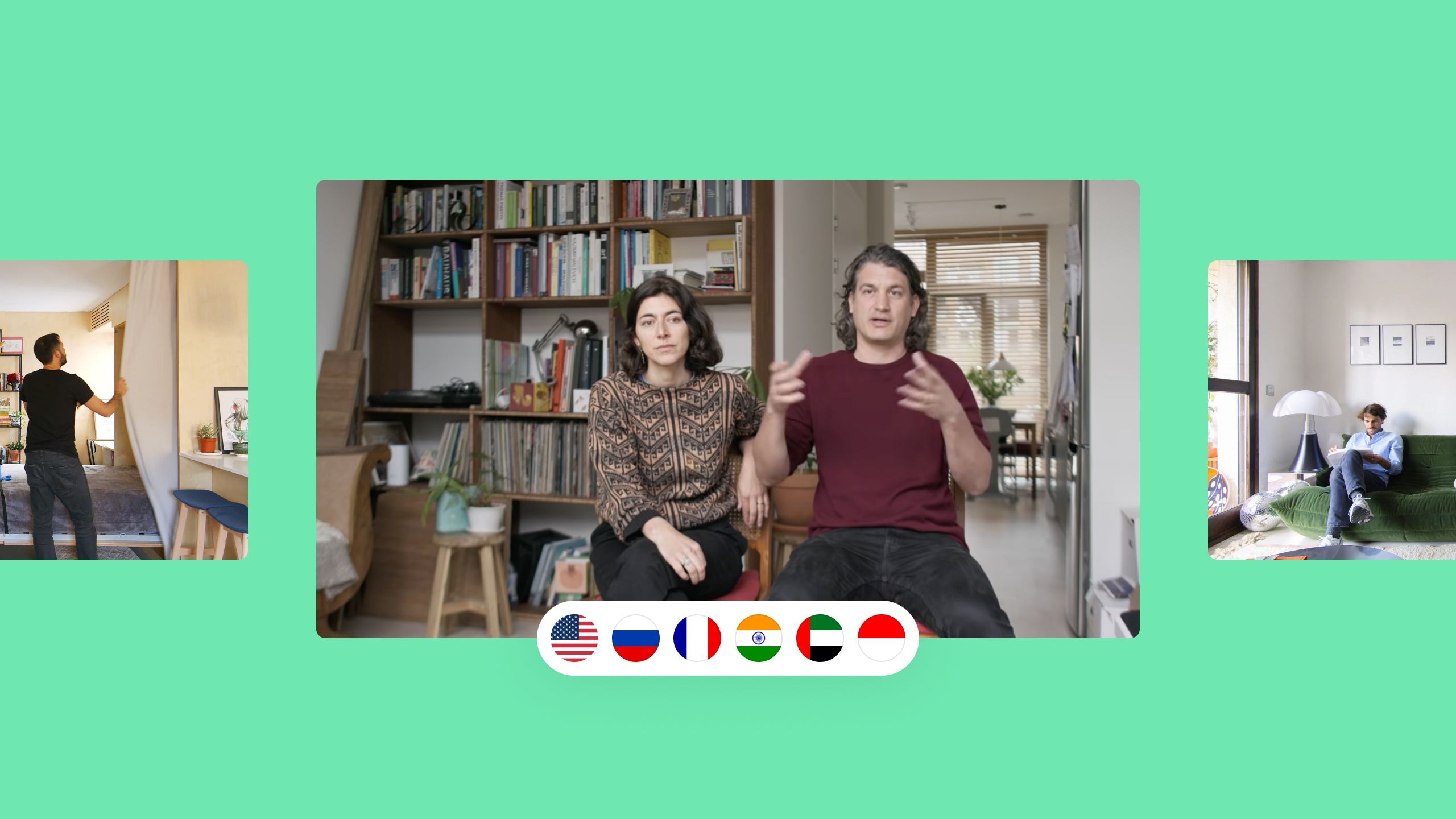 Two people sitting in a living room, one speaking and the other listening, with a bookshelf behind them.