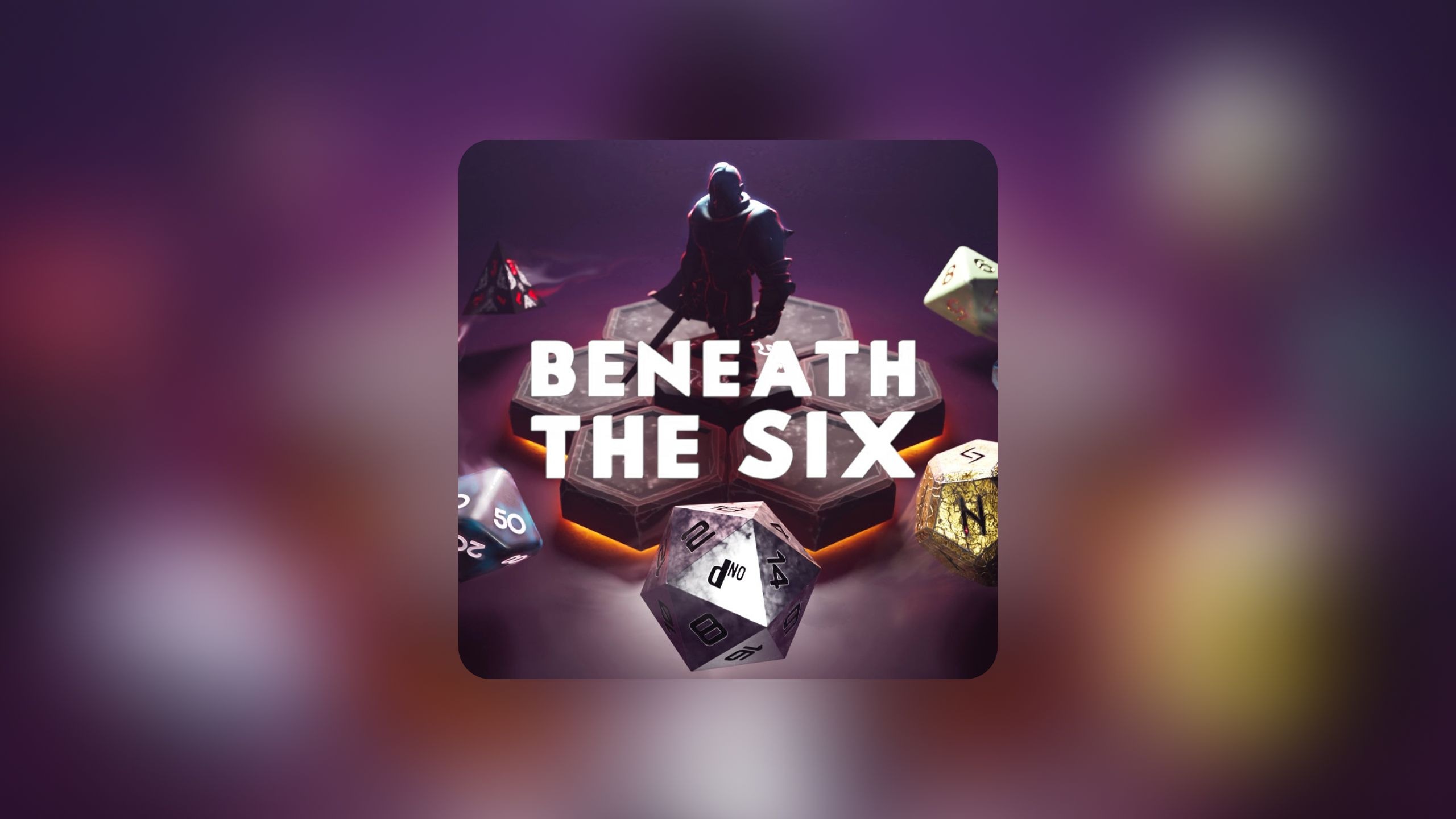 Beneath the Six game cover featuring a dark figure and six hexagonal tiles with various dice around them.