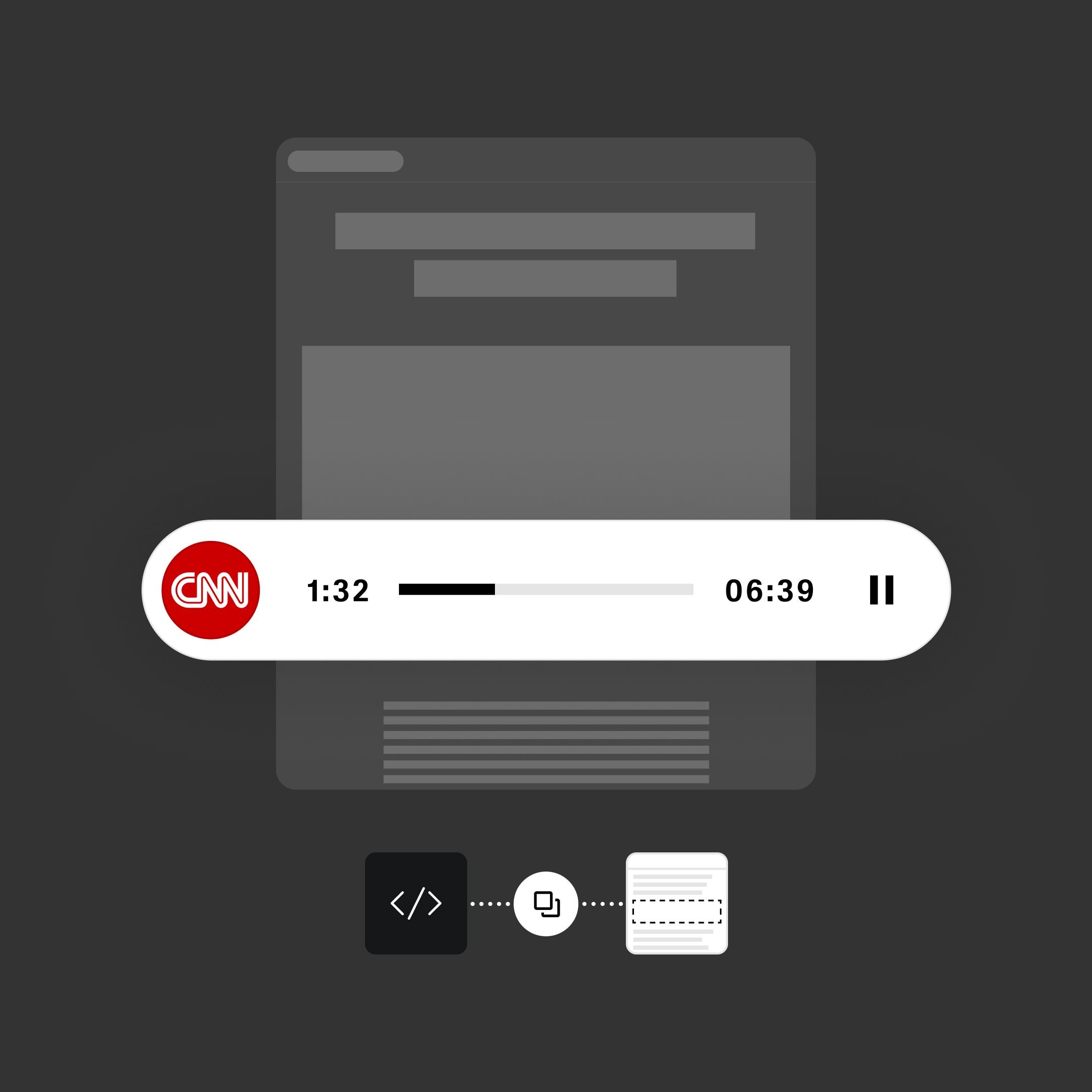 A podcast player overlay showing a CNN logo, a progress bar, and timestamps on a dark background.
