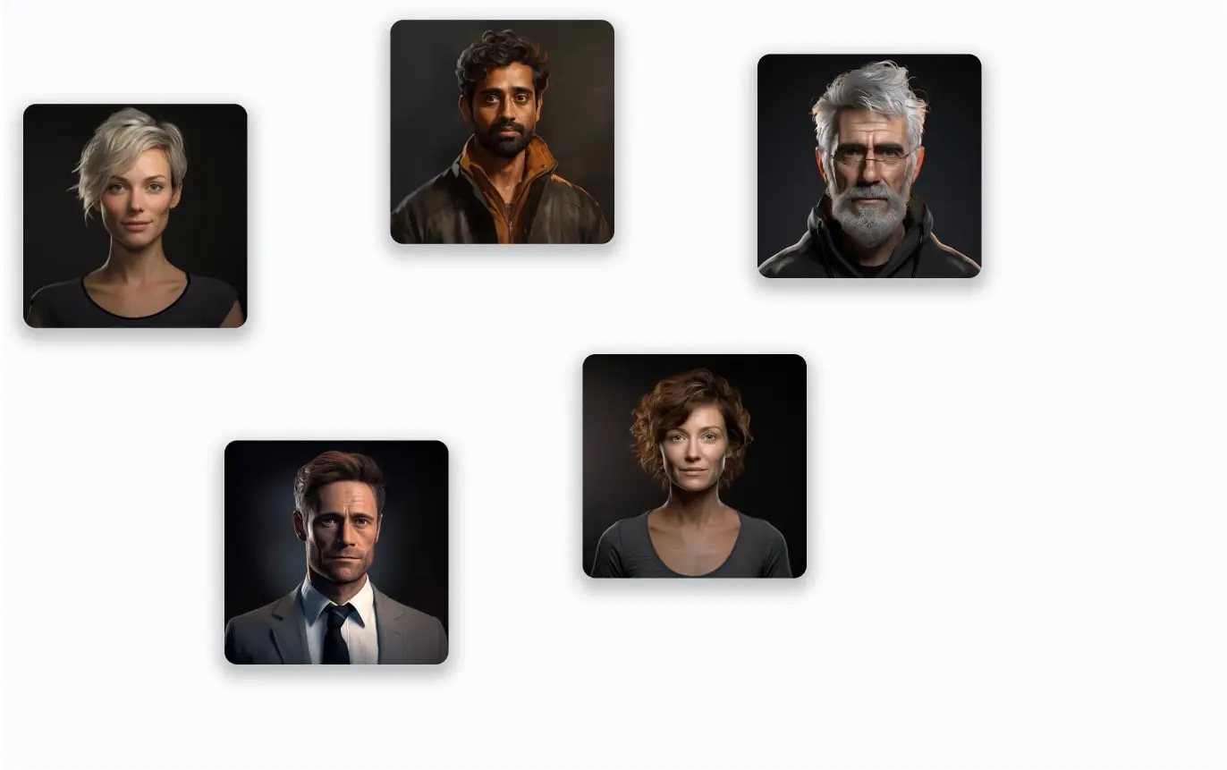 Five portrait photos of diverse individuals arranged on a light background.