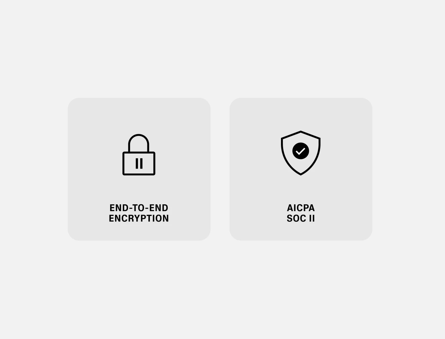 Icons representing end-to-end encryption and AICPA SOC II compliance.