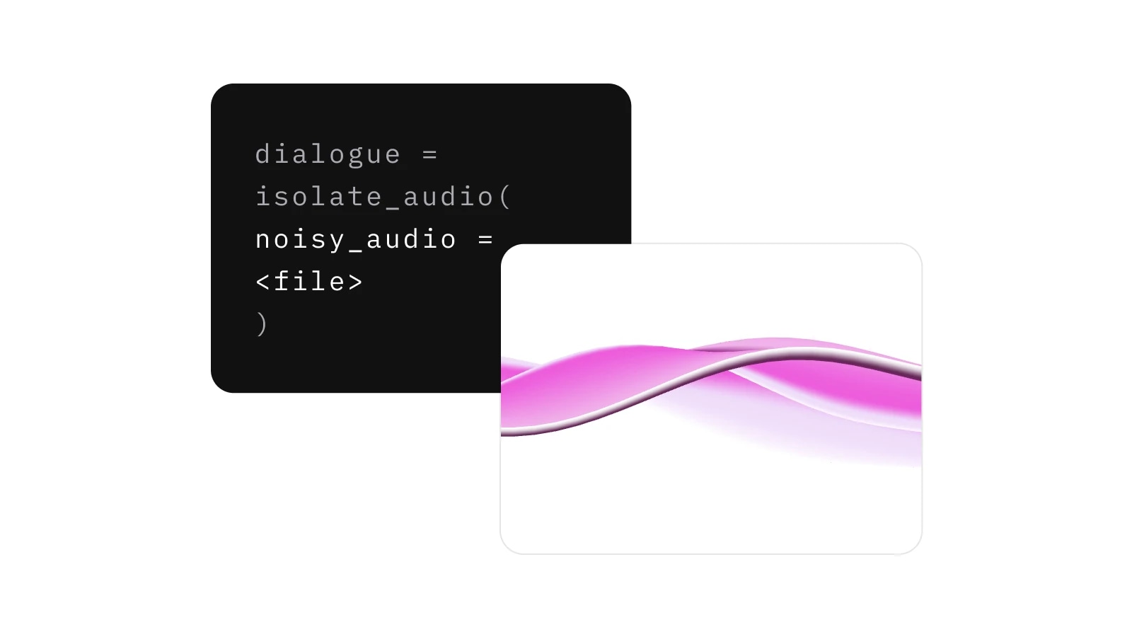 A code snippet on a black background next to an abstract pink and purple wave design.