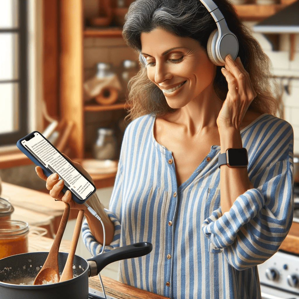 A woman in a striped shirt listening to music with headphones while looking at her phone in a kitchen.