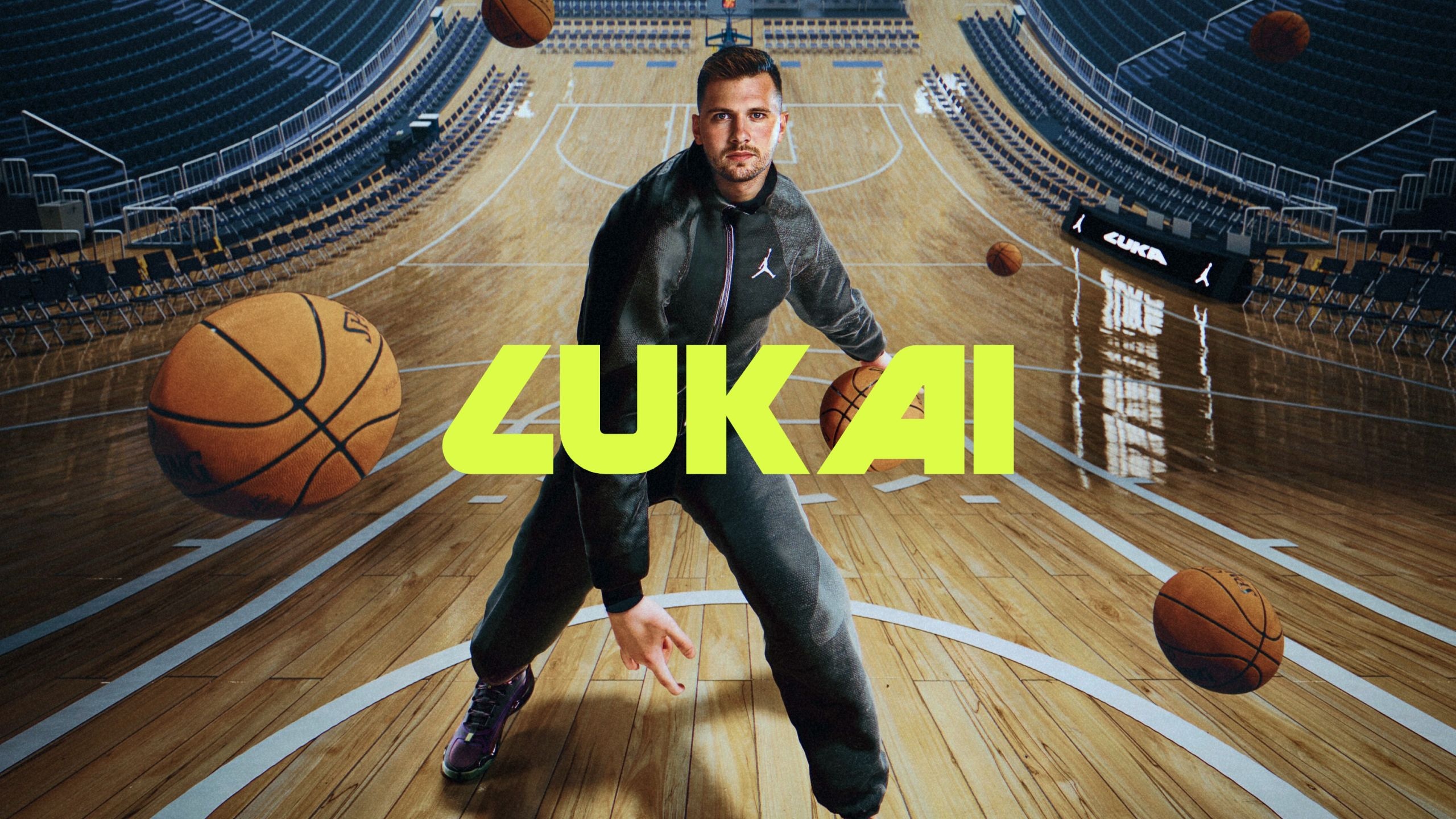 A man in athletic clothing on a basketball court with multiple basketballs and the text "ZUK AI" overlaid.