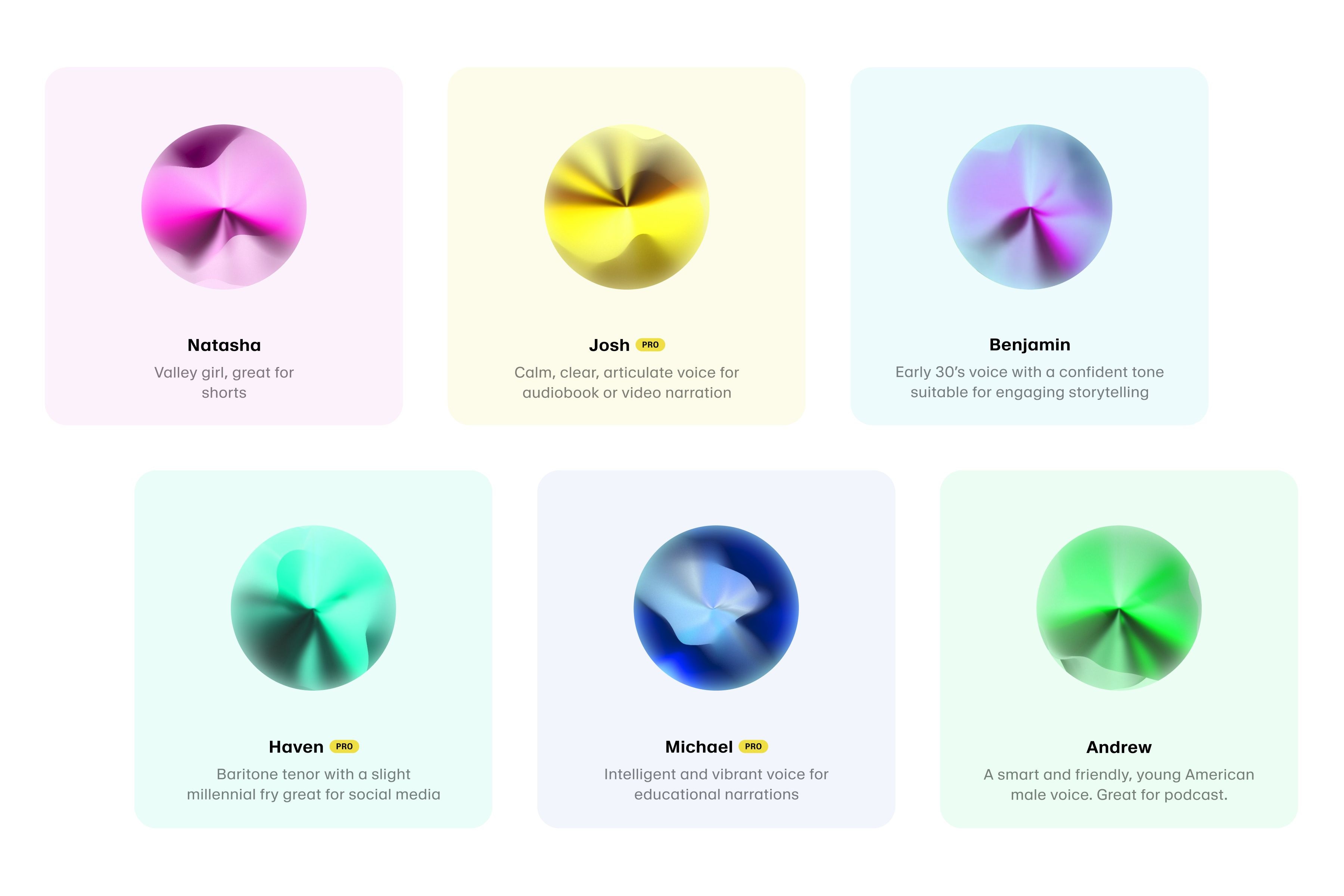 Six colorful abstract spheres with names and descriptions underneath.