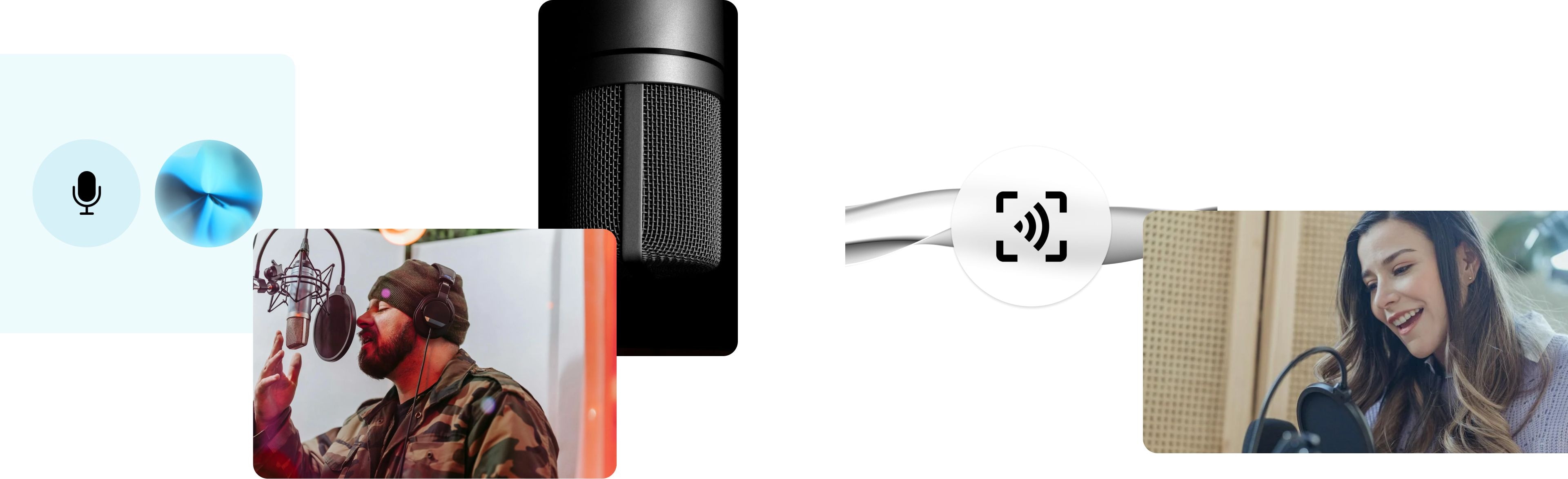 People recording and listening to audio with microphones and headphones.