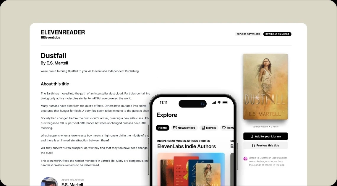 A digital device displaying an e-book page and a smartphone showing an app interface for exploring indie authors and books.