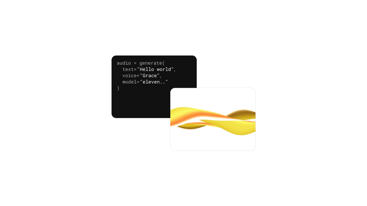 A digital illustration featuring a code snippet in a black box and an abstract, flowing yellow and orange wave design.
